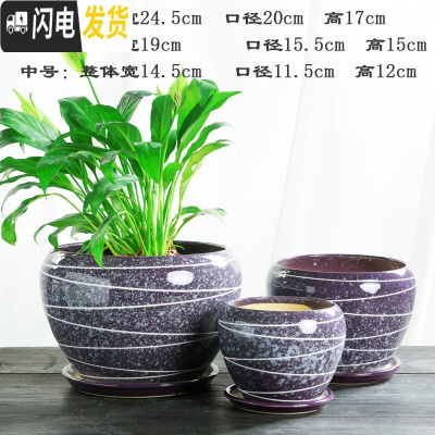 三维工匠加厚花盆陶瓷大号特大号带托盘绿萝盆景家用兰花多肉花盆 S1CZ-紫色线条-单个 中等花盆容器