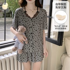 睡衣女士夏季开衫短袖裤套装薄款大码2026新款带胸垫家居服