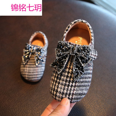 锦铭七玥女童小皮鞋春季新款格子蝴蝶结女宝宝单鞋软底百搭款小童公主鞋