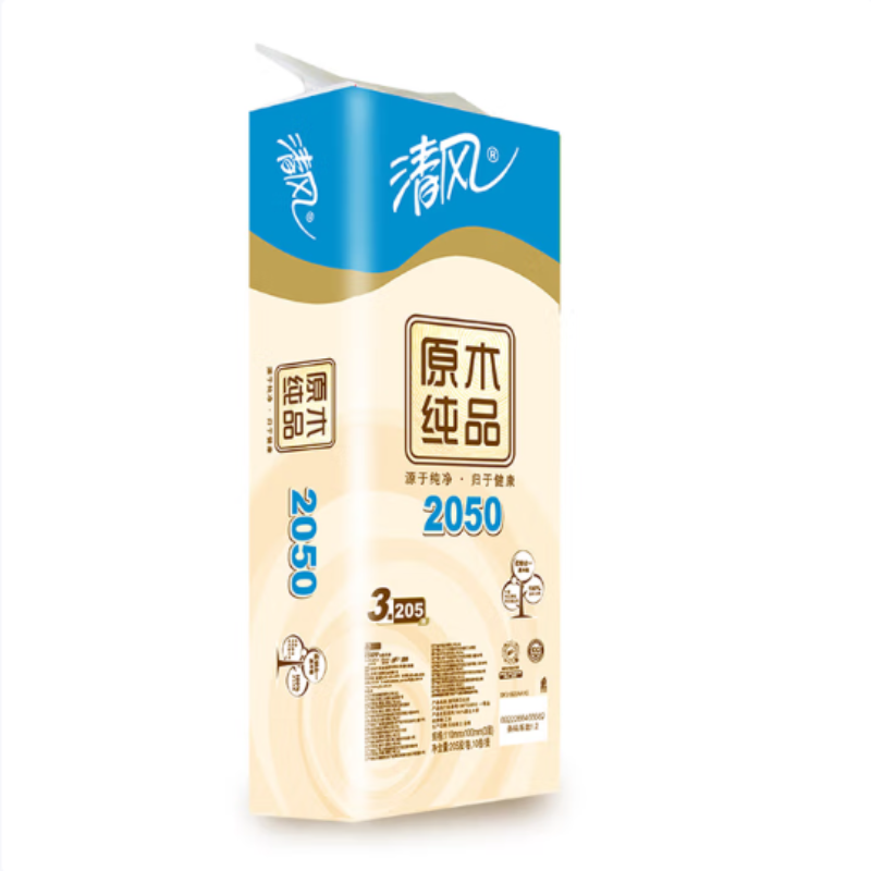 清风B22AA1C原木纯品3层平纹205段卷筒卫生纸10卷-1提