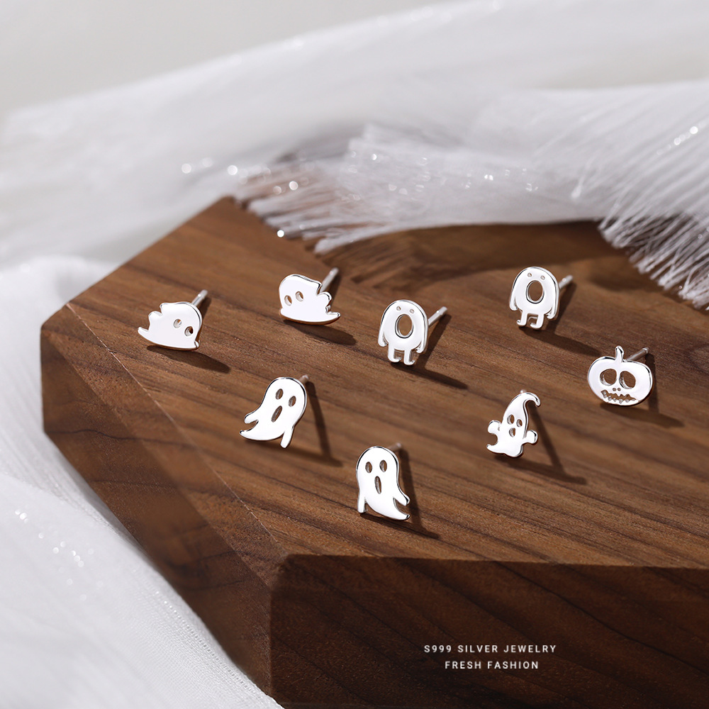[可爱鬼]S999足银幽灵耳钉女小众卡通趣味搞怪简约小巧耳饰批发送女朋友老婆情人节七夕生日礼物