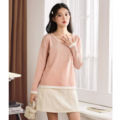 [3件8.5折76.4元,叠加优惠券]唐狮新款长袖T恤女秋季针织假净色V领宽松韩系上衣女甜美