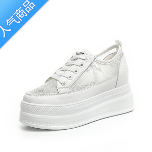 SUNTEK2023新款夏季女小白鞋薄款网面透气配裙子蕾丝厚底内增高女鞋8cm