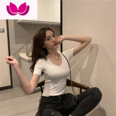 七斓夏季2023新款韩系短款上衣女性感V领修身显瘦纯色百搭短袖打底t恤