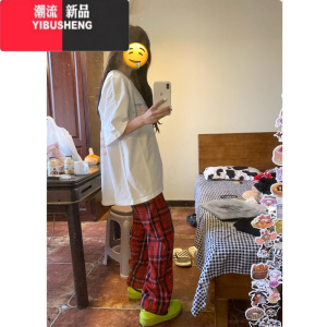 YIBUSHENG美式复古格子休闲裤女春秋新款高腰直筒宽松小个子日系慵懒阔腿裤