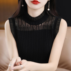 法式温柔风篙级感立领蕾丝拼接精纺羊毛短袖内搭背心针织打底衫女