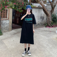 韩国大码T恤女装夏季长款过膝短袖连衣裙女休闲遮肚中长款打底衫