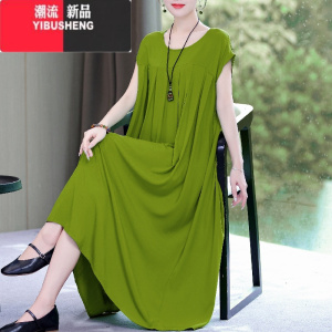 YIBUSHENG妈妈棉绸连衣裙女季时尚宽松加肥加大码中老年垂感显瘦外穿裙子