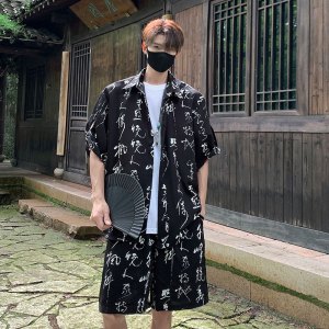 男装新款衬衫套装男休闲运动套装男翻领宽松青少年开衫潮牌两件套