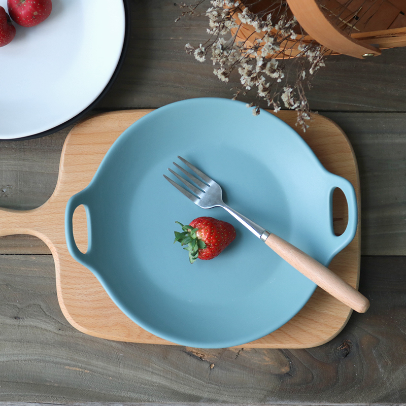 日式哑光陶瓷双耳盘 创意早餐盘水果盘西餐牛排盘磨砂陶瓷甜品盘