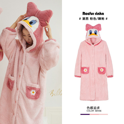 Ideamini网红可爱珊瑚绒睡衣女秋冬长款加绒加厚黛西孕妇睡袍情侣家居服男