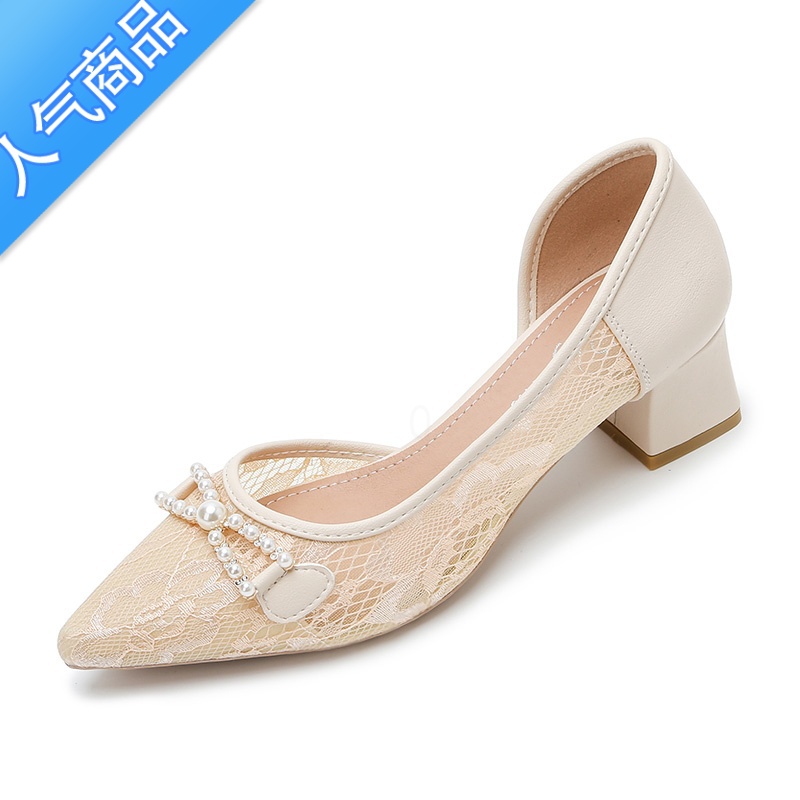 SUNTEK单鞋女2023年新款尖头粗跟中跟仙女风小码女鞋313233夏季网纱凉鞋