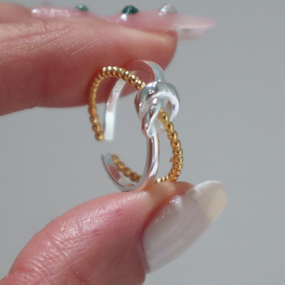 韩国韩版s925纯银饰金银撞色交叉绳结戒指潮酷百搭开口可调食指戒送女朋友老婆情人节七夕生日礼物