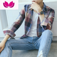 七斓男士宽松格子衬衫外套夏季长袖衬衫休闲上衣韩版薄款男装衬衣潮流