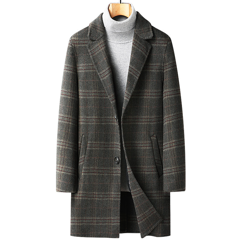 秋冬潮流格子双面呢羊毛大衣男士加厚中长款毛呢大衣风衣呢子外套