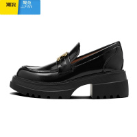 聚范厚底乐福鞋英伦风凯旋门小皮鞋女粗跟增高鞋黑色一脚蹬单鞋子