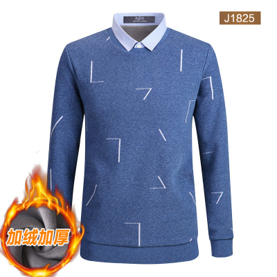 HLCOMAN冬季假两件毛衣男装加绒加厚衬衫领保暖衬衣打底衫套头针织衫上衣毛衣