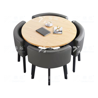 臻远 ZY4100943 简约接待桌椅洽谈桌椅 一桌四椅 水曲圆桌灰色皮椅