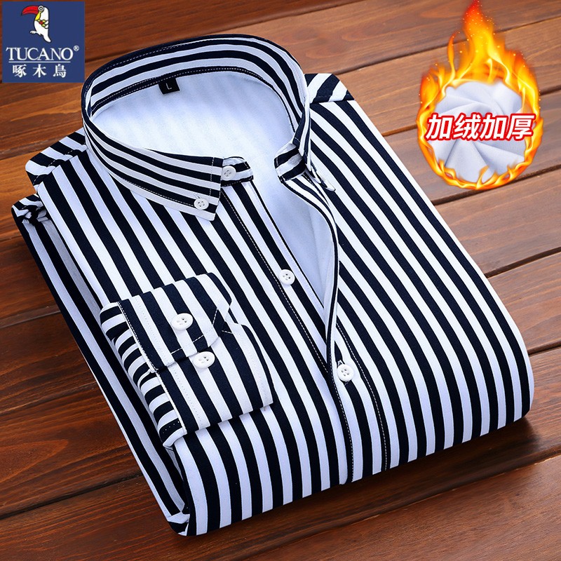 啄木鸟2024冬季加绒加厚条纹长袖衬衫男士商务休闲保暖一体绒衬衣