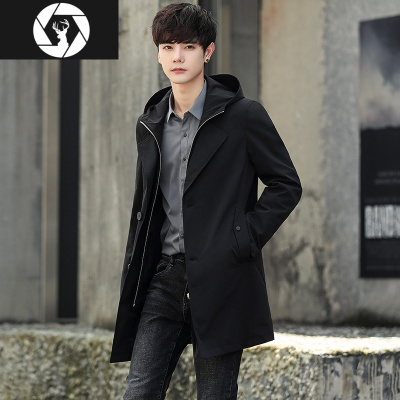HongZun2020秋冬季加棉加厚风衣男中长款修身韩版连帽休闲大衣男装外套潮风衣