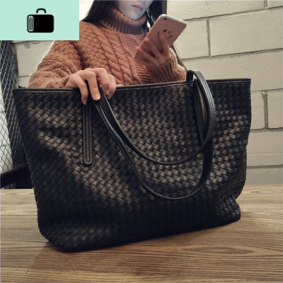 2020新款女包潮流韩版编织包女士托特包单肩包时尚手提包简约大包NEW LAKE 黑色编织大包女士单肩包