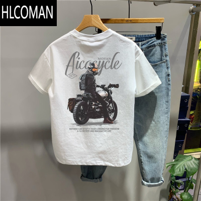 HLCOMAN美式短袖T恤男士夏季潮牌ins个性摩托车印花圆领修身体恤