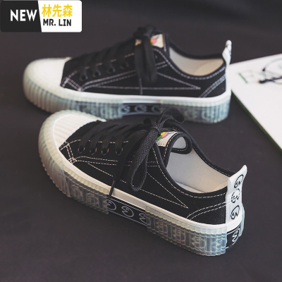 林先森黑色帆布鞋女2021年春季新款ulzzang百搭低帮休闲鞋子ins高帮板鞋帆布鞋