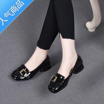 SUNTEK粗跟单鞋女2023春夏新款英伦风复古中跟乐福鞋一脚蹬小皮鞋女