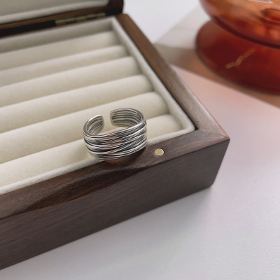 韩版S925纯银开口戒指复古多层线条缠绕ins风中性设计手饰品批发送女朋友老婆情人节七夕生日礼物