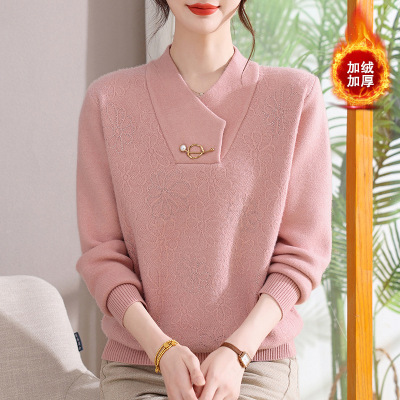 新款妈妈上衣时尚针织中老年人洋气针织衫中年小衫女冬季保暖加绒
