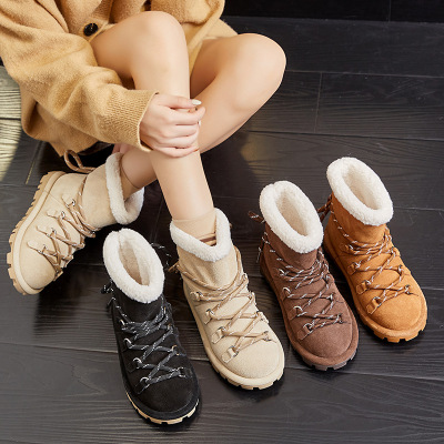 真皮雪地靴女冬季新款加绒保暖绑带短靴休闲百搭厚底马丁靴女