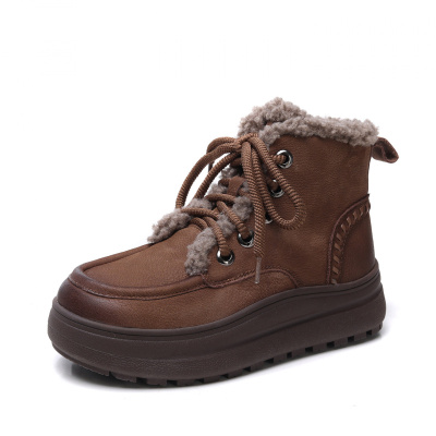 头层牛皮雪地靴女冬季新款羊羔毛复古加绒圆头厚底马丁靴短靴