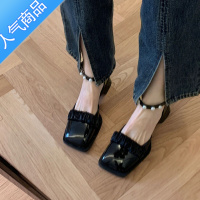 SUNTEK方头黑色玛丽珍包头凉鞋女夏季珍珠一字带低跟小皮鞋蝴蝶结中跟鞋