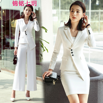 锦铭七玥职业装女装套裙长袖西装套装2018春季新款不规则名媛气质两件套女