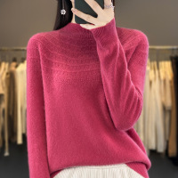 一线成衣纯色女半高毛衣领镂空秋冬新款安迪绒宽松针织打底衫