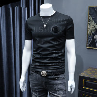 刺绣短袖T恤男修身2026夏男士丝光棉体恤潮男装上衣几何图案帅气