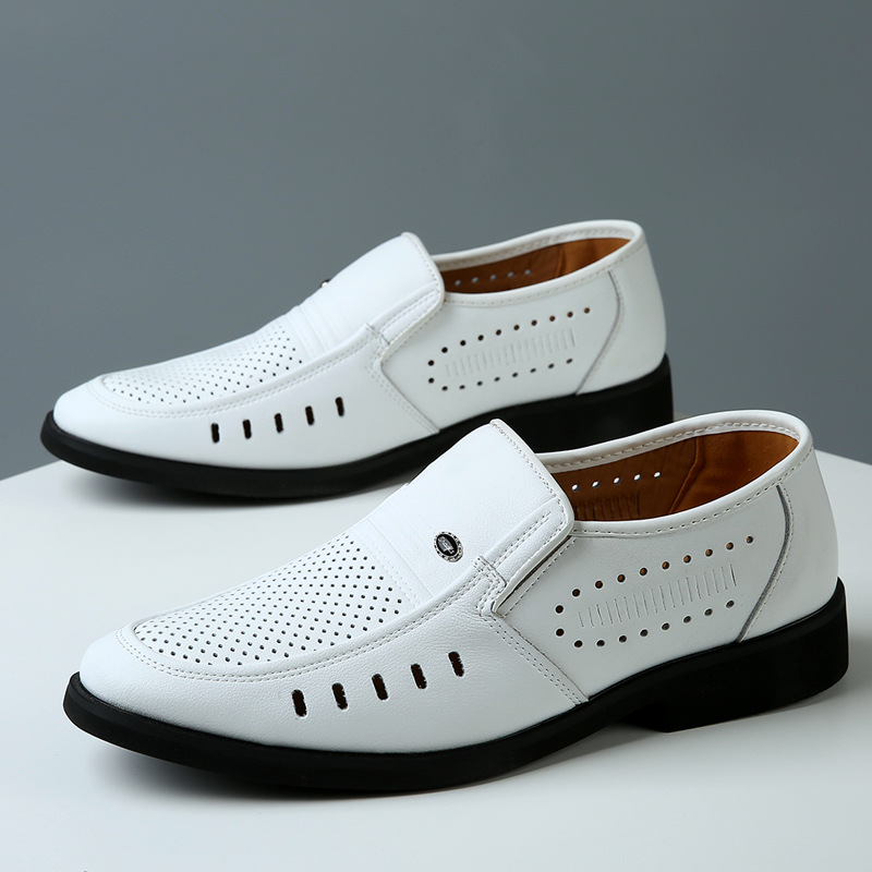 男鞋夏季透气镂空西装鞋子男士白色真皮皮凉鞋男商务套脚正装皮鞋