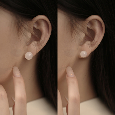 999纯银耳钉女耳环耳饰白玉髓圆珠小众设计ins风网红送女朋友老婆情人节七夕生日礼物