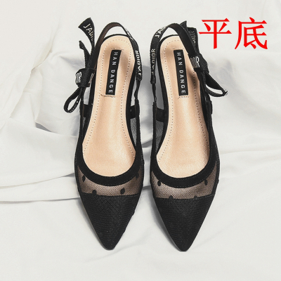 林先森半包头网凉鞋女夏2021新款仙女风尖头中跟粗跟平底网纱透气波点鞋凉鞋