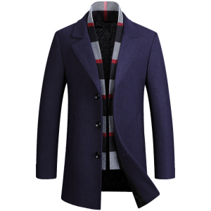 冬季新款羊毛呢大衣男风衣中长款围巾领加棉加厚毛呢外套男呢子大衣男