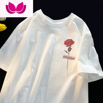 七斓日系玫瑰印花短袖T恤男女潮流ins高街宽松五分半袖圆领体恤衫上衣