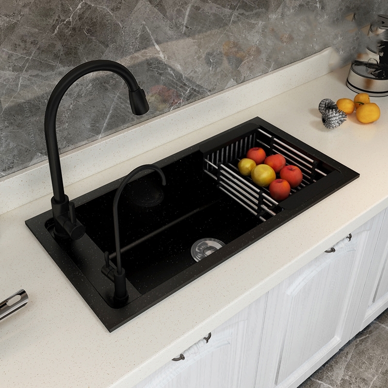 黑色石英石水槽大单槽法耐厨房洗菜盆洗碗洗手池花岗岩台下盆
