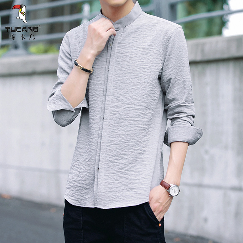 啄木鸟小立领抗皱易打理衬衫男士四季中山装青年圆领中式占领衬衣