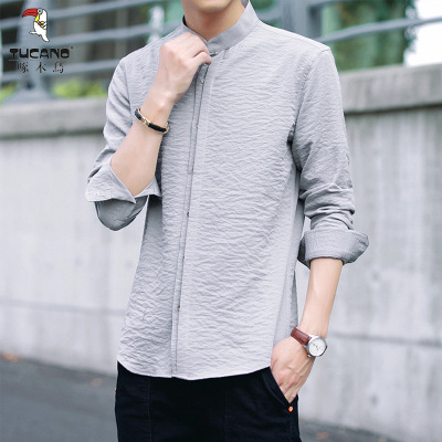 啄木鸟小立领抗皱易打理衬衫男士四季中山装青年圆领中式占领衬衣