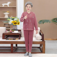 中年人冬装女奶奶保暖内衣套装加厚妈妈加绒开衫套装两件套睡衣_1