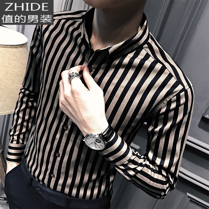 suntek秋装长袖衬衫男修身条纹韩版男士休闲帅气加绒衬衣潮流商务男装