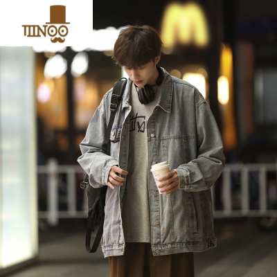 YANXU美式复古牛仔外套男秋季ins潮牌感痞帅炸街水洗工装翻领夹克