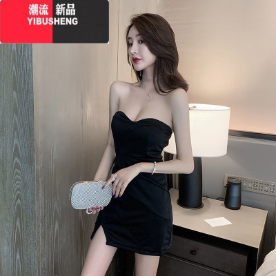 YIBUSHENG女装夜场上班衣服足浴工作服性感低胸深V领包臀抹胸连衣裙