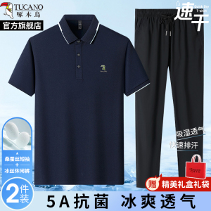 啄木鸟官方桑蚕丝夏季短袖polo衫男两件式套装中年父亲爸爸T恤衣服
