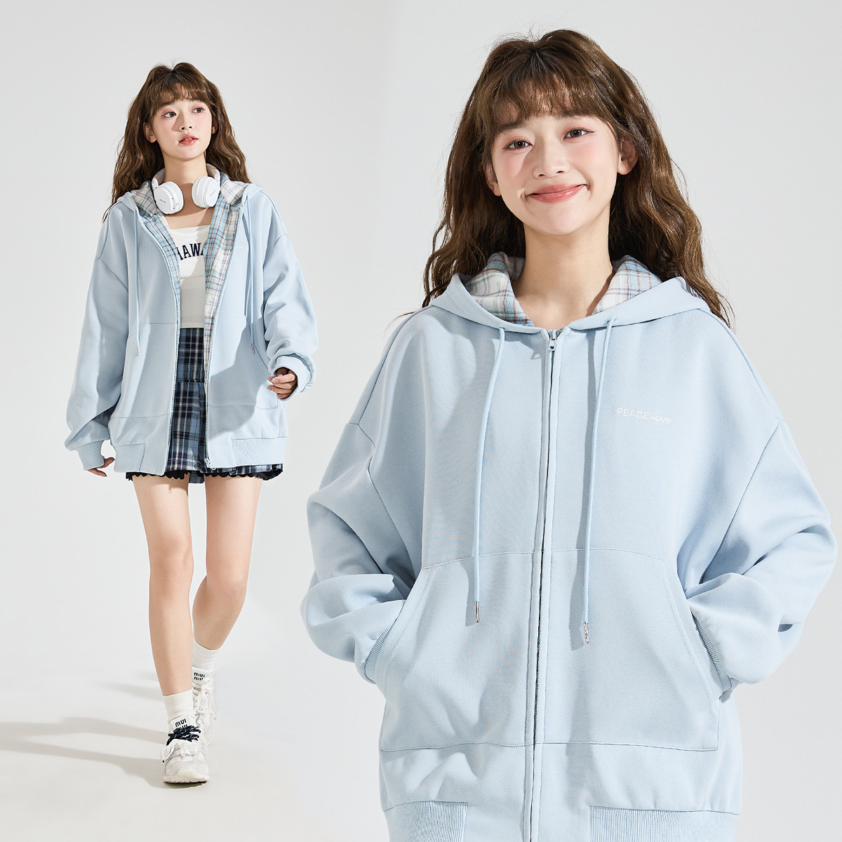 [1.5折价88元]唐狮春季女连帽格子拼接卫衣外套美式复古百搭气质休闲潮流